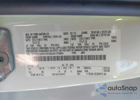 2016 Ford Escape Se из США, поврежденный, VIN 1FMCU0GX6GUA17680